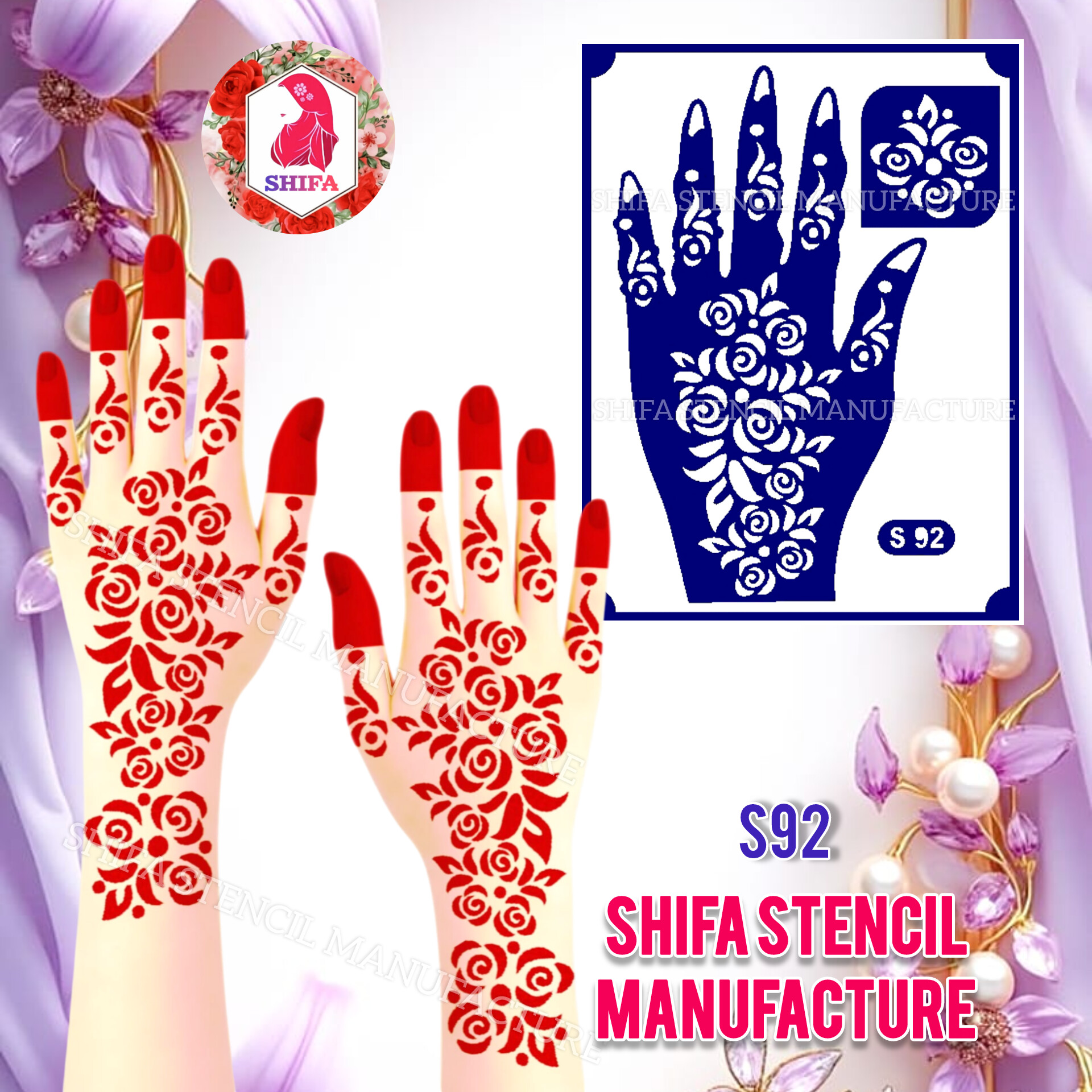 S92 Full Floral Rose Cascade Design Sticker Overview  Henna Stencil - Shifa Stencil